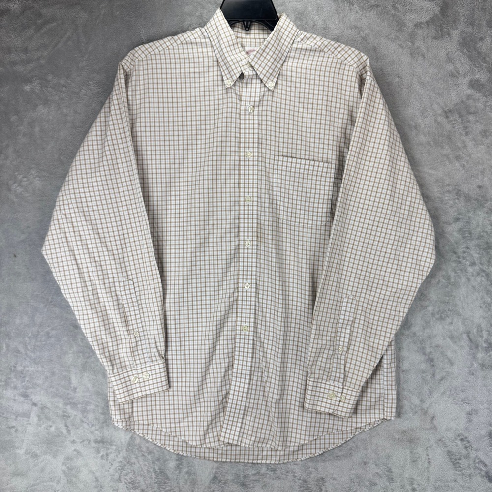 Brooks Brothers Mens Button Down Shirt L Tan Blue Check Cotton Long Sleeve